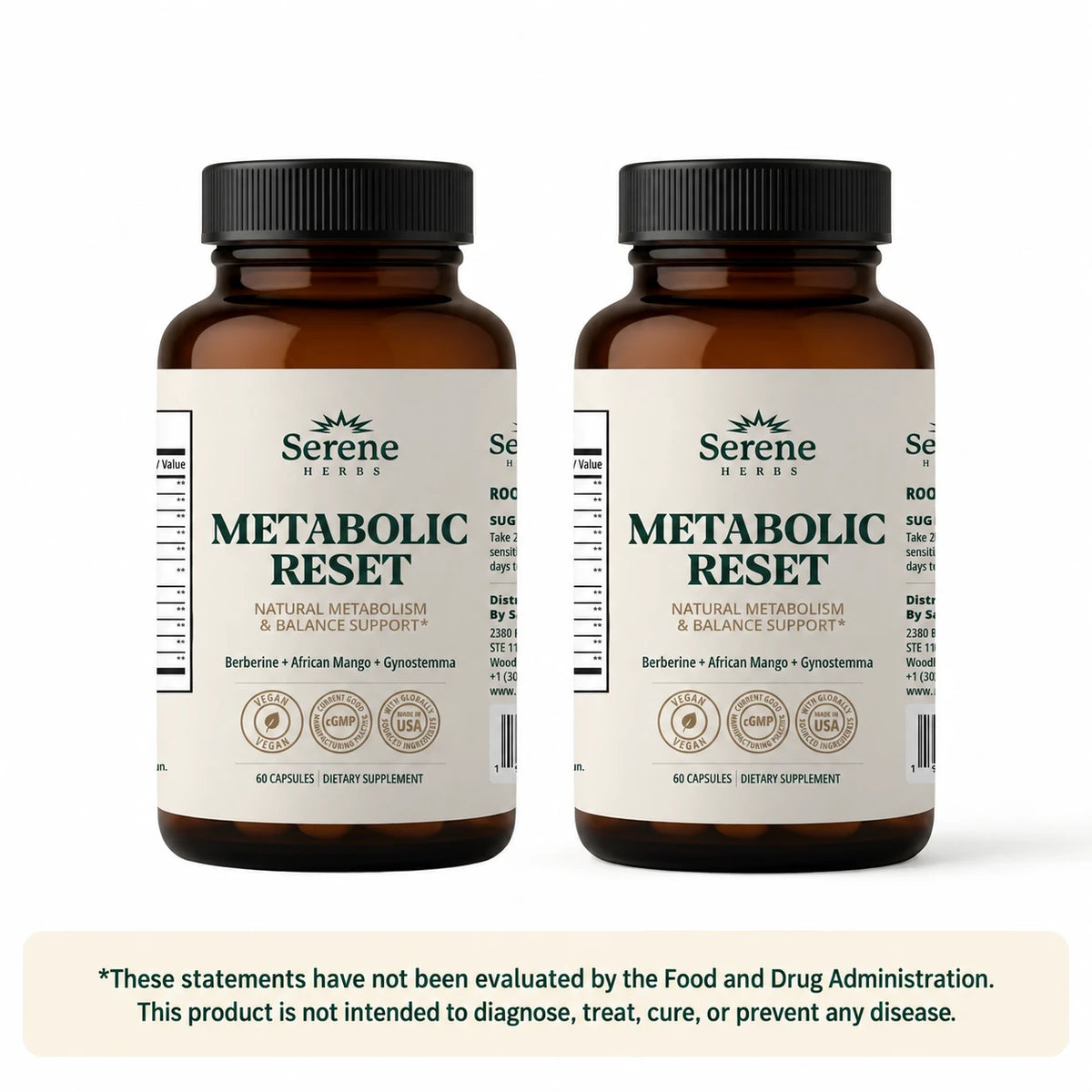 Two Metabolic Reset bottles with linked claim asterisks and FDA disclaimer.