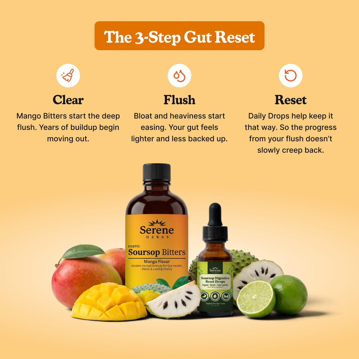 Mechanism · The 3-Step Gut Reset · 1. Clear · 2. Flush · 3. Maintain