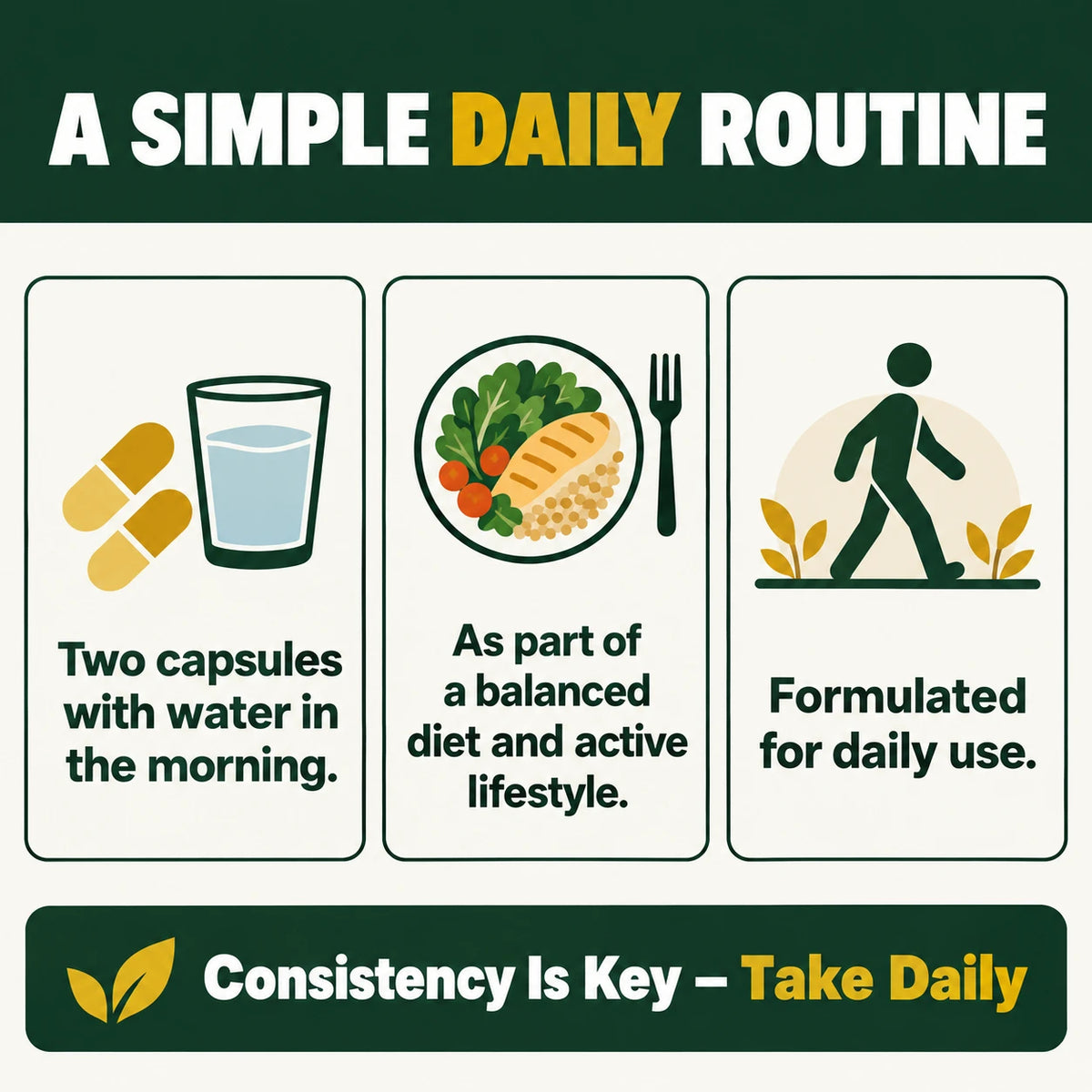 Metabolic Reset daily-use directions: two capsules with water in the morning as part of a balanced diet and active lifestyle.