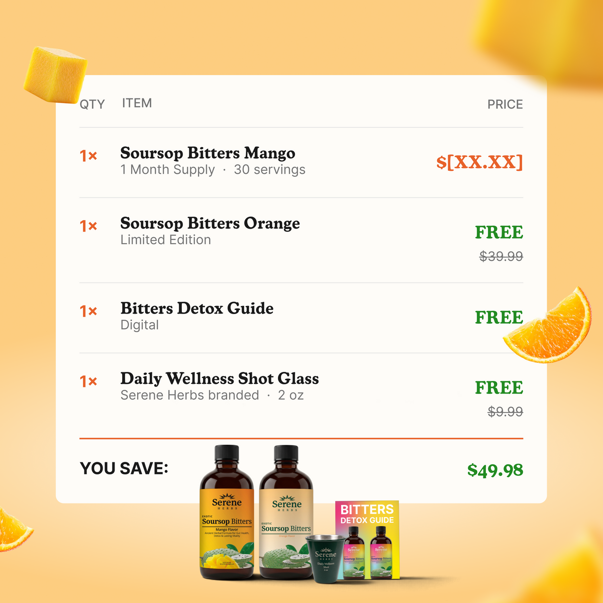 Supply Value: a full month of Mango + a FREE Orange bottle, per day