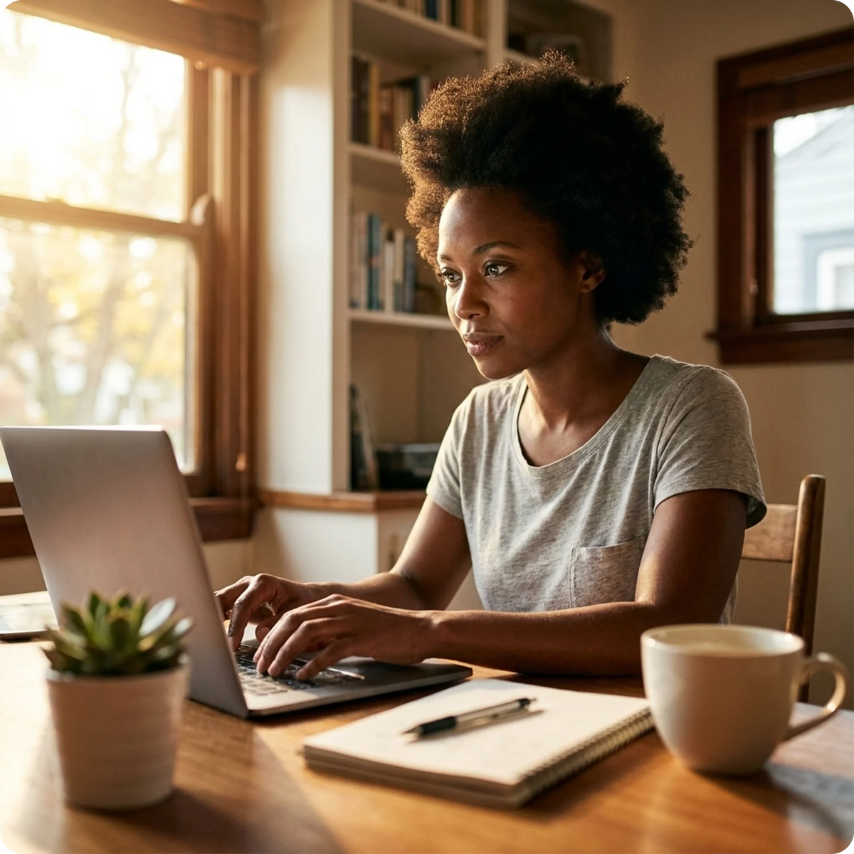 Woman at her desk around 3pm, alert and working