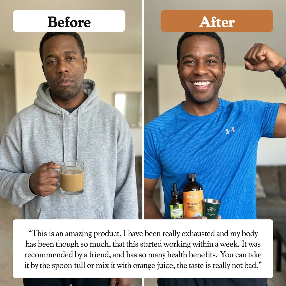 Before / After: a man who looks visibly more energized and driven (photo needed)
