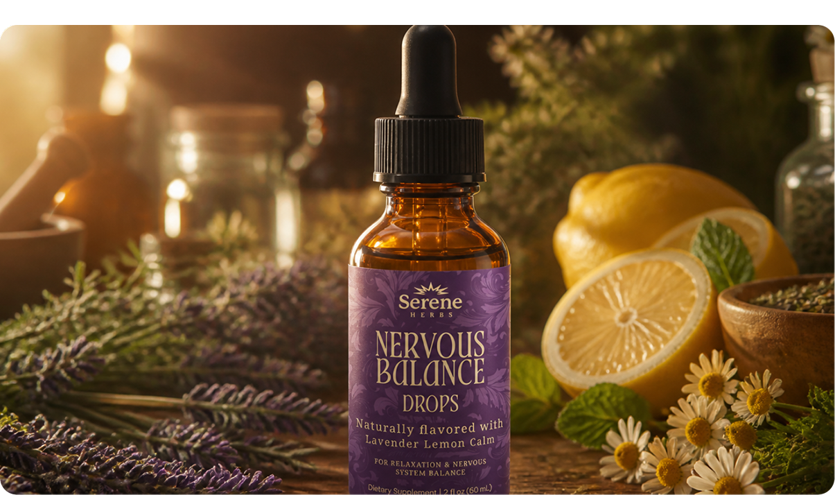 Nervous Balance Drops and Melatonin Gummies on a desk