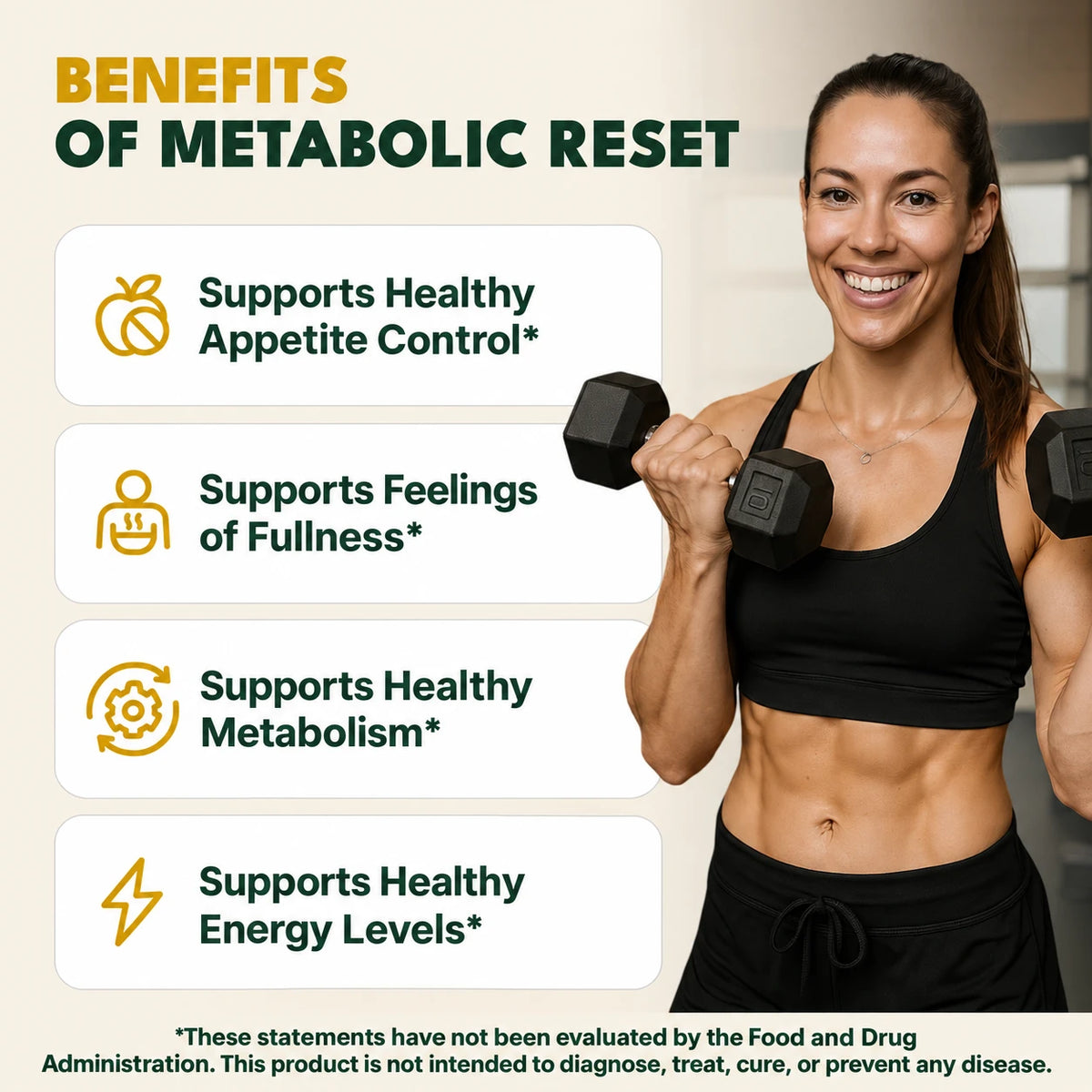 Metabolic Reset benefits with revised approved claims, linked asterisks and full FDA disclaimer.