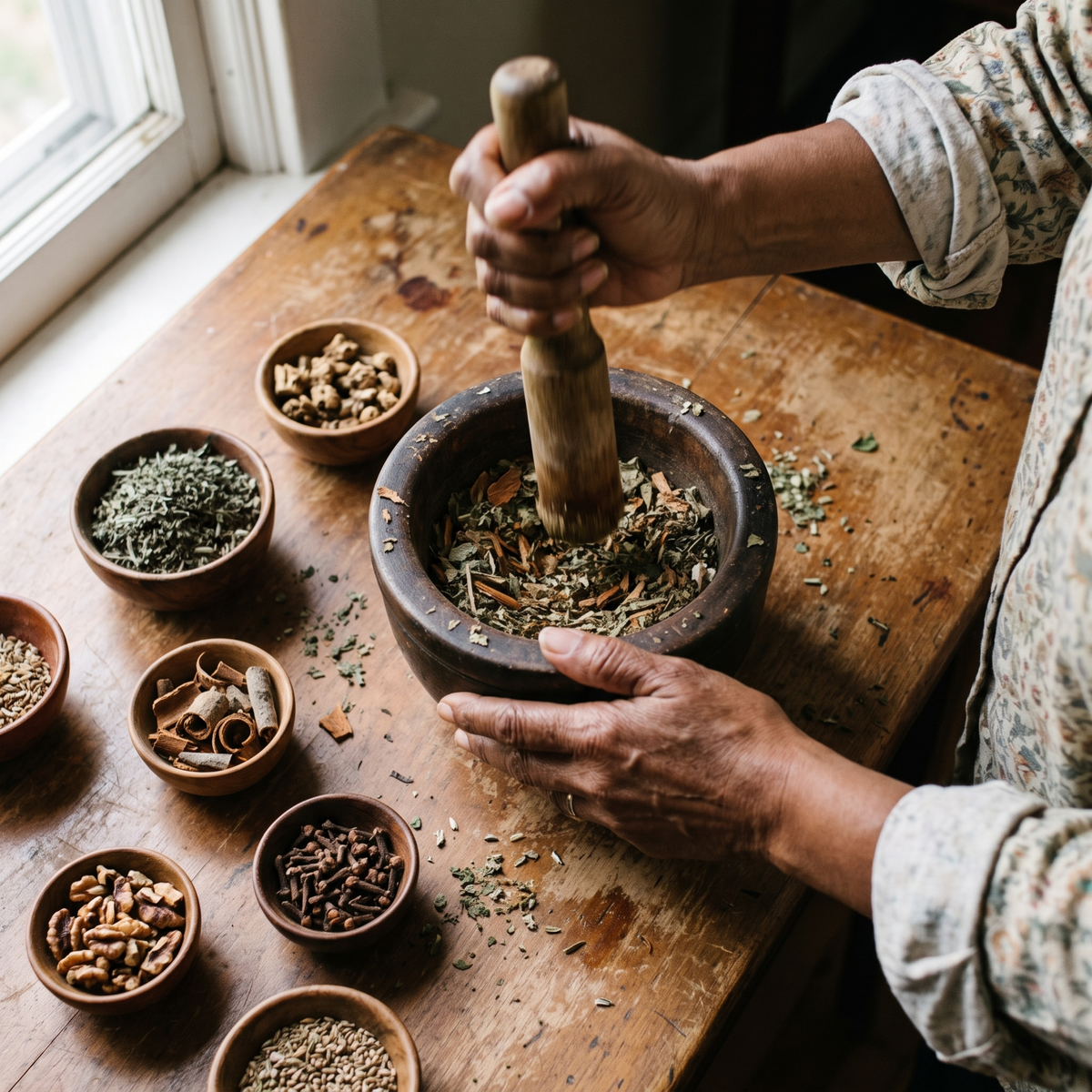 An older woman's hands pounding bitter herbs in a wooden mortar
