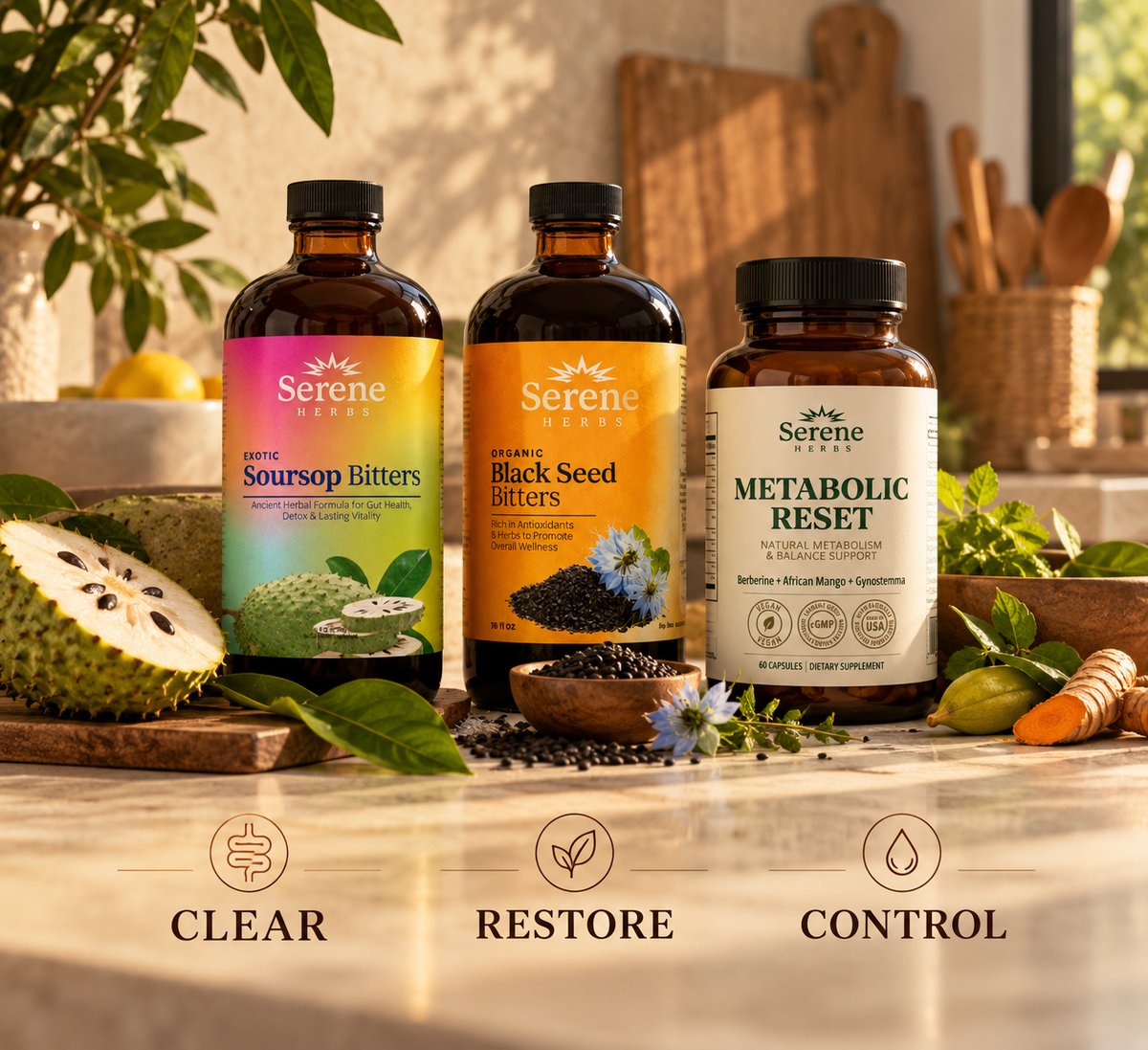 Image: Soursop Bitters, Black Seed Bitters and Metabolic Reset together