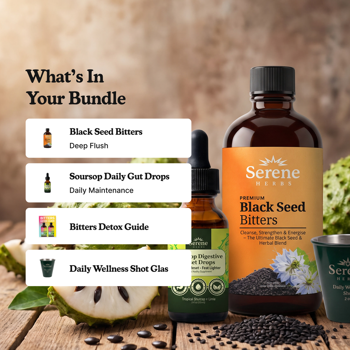 Bundle Breakdown: What's in your box: Black Seed Bitters (Deep Flush) · Soursop Daily Gut Drops (Daily Maintenance) · Bitters Detox Guide · Daily Wellness Shot Glass
