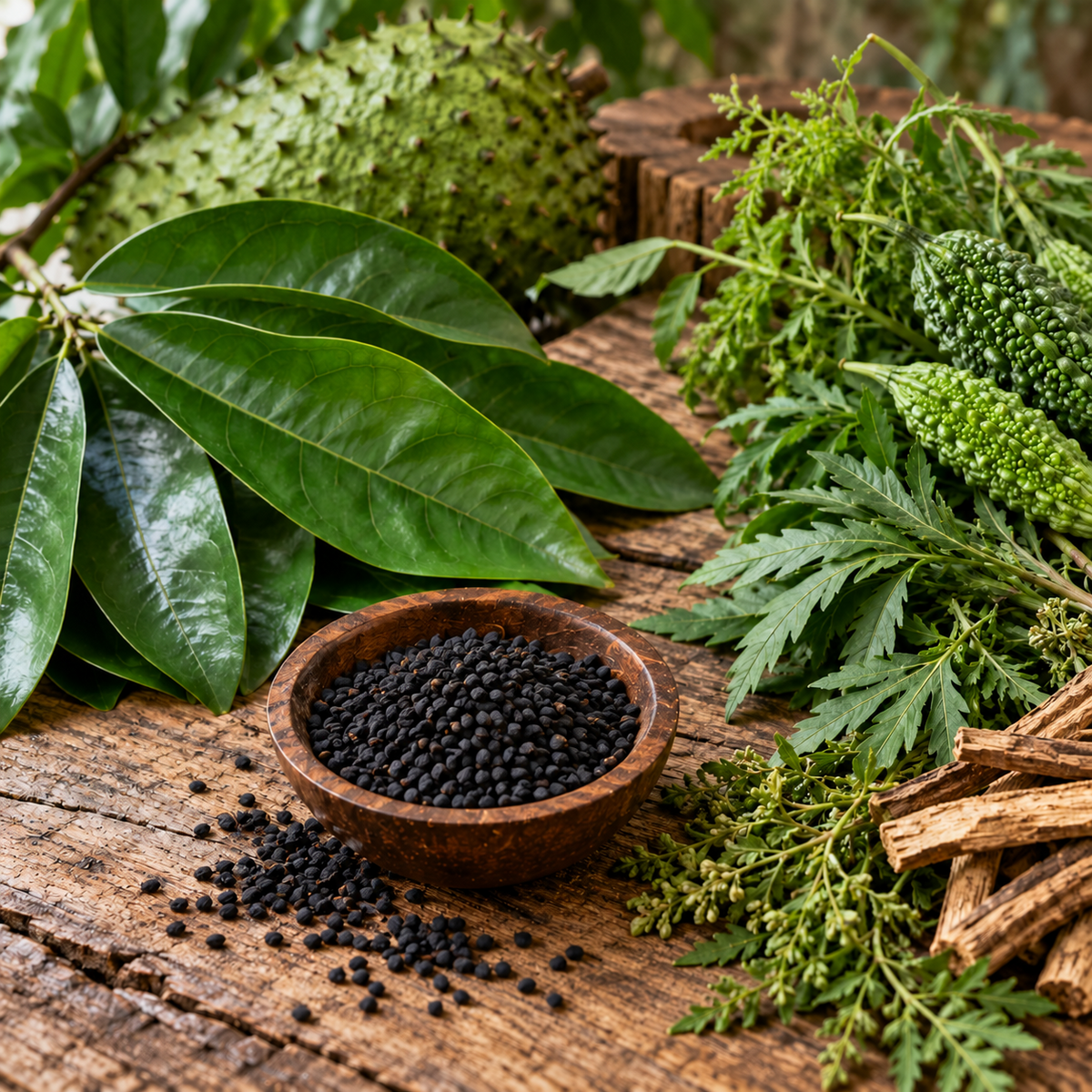 Image: bitter herbs and black seed on a wooden table