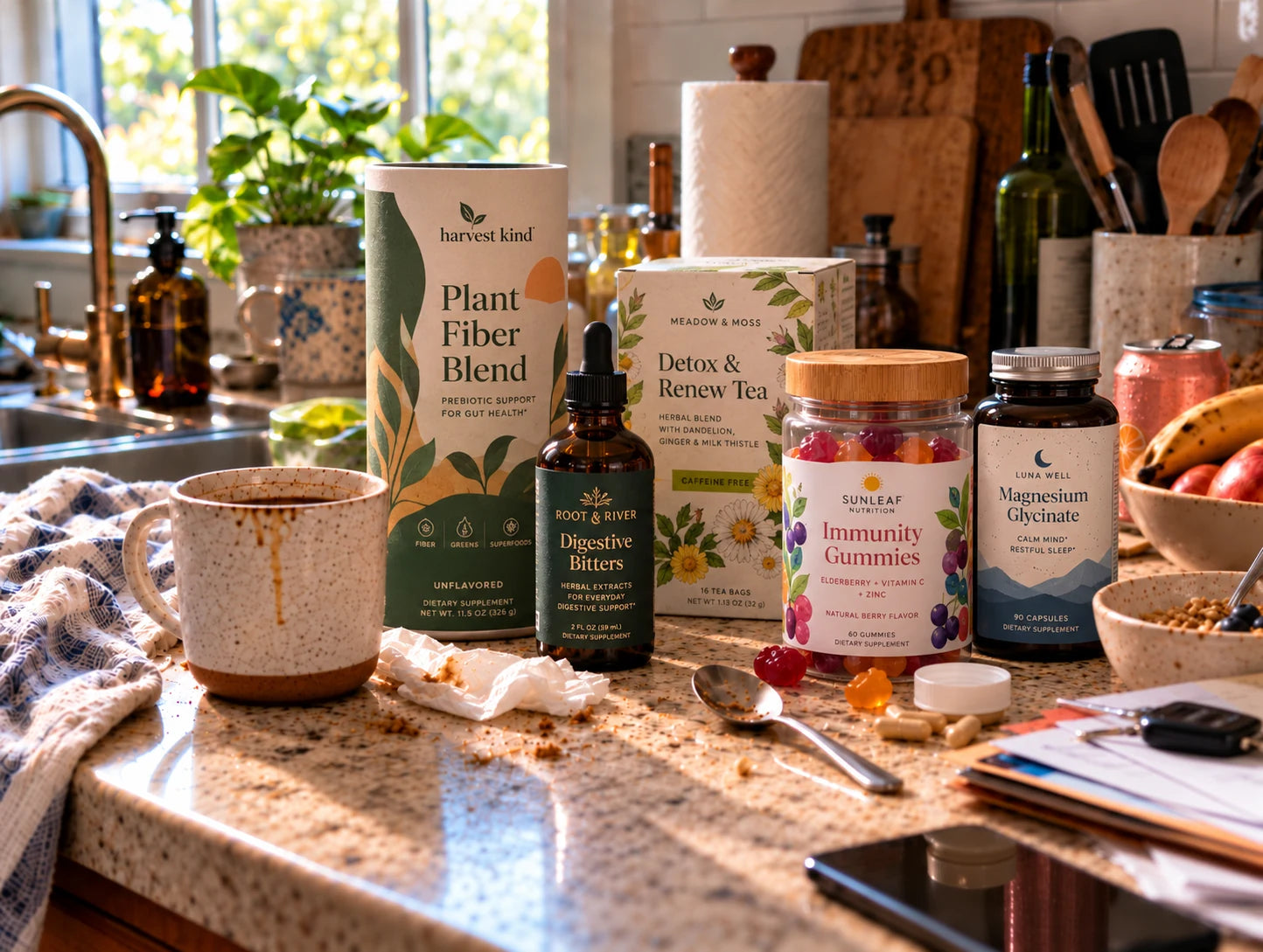 A kitchen counter with separate supplements and wellness products